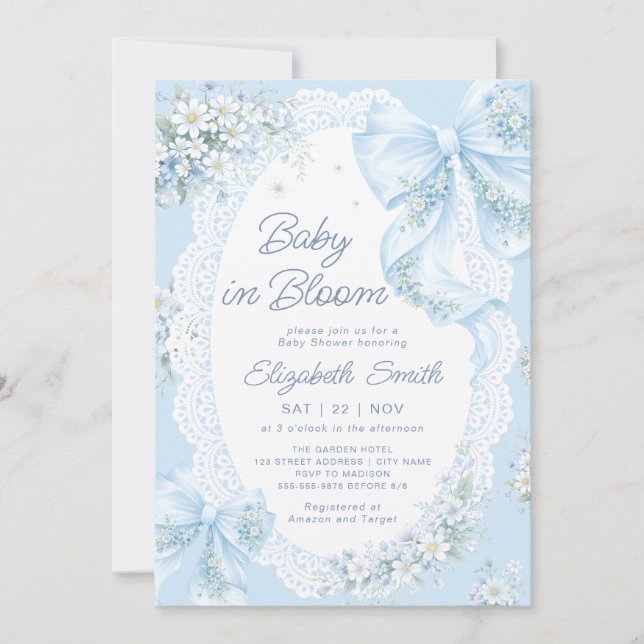 Invitación Baby in Bloom Blue Bow Floral Boy Baby Shower (Anverso)