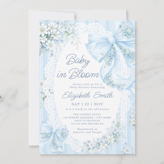 Invitación Baby in Bloom Blue Bow Floral Lace Baby Shower (Anverso)