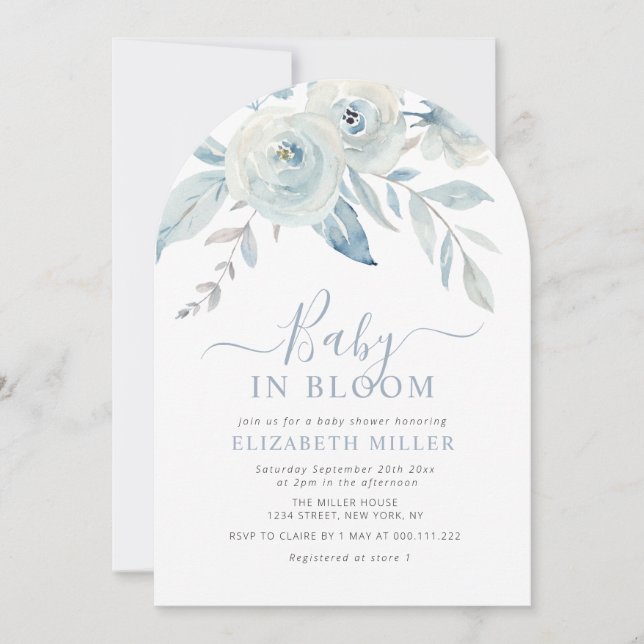 Invitación Baby in bloom blue floral baby shower (Anverso)