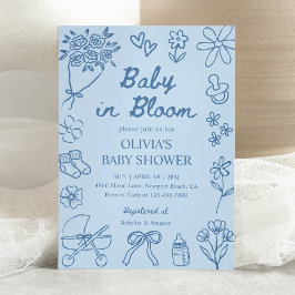 Invitación Baby in Bloom Blue Hand Drawn Boy Baby Shower