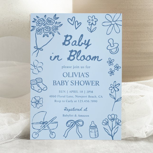 Invitación Baby in Bloom Blue Hand Drawn Boy Baby Shower (Subido por el creador)