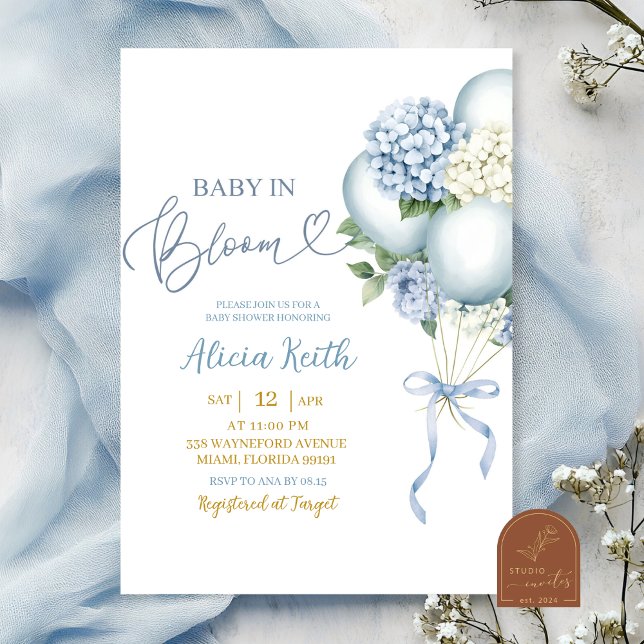 Invitación Baby In Bloom Blue Hydrangea Balloon Baby Shower (Subido por el creador)