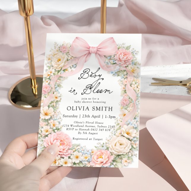 Invitación Baby in Bloom Blush Pink Bow Baby Shower (Subido por el creador)