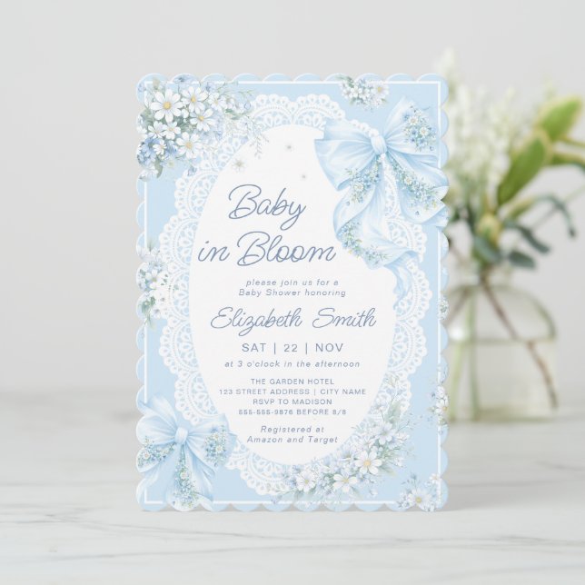 Invitación Baby in Bloom Bow Blue Floral Boy Baby Shower (Anverso de pie)