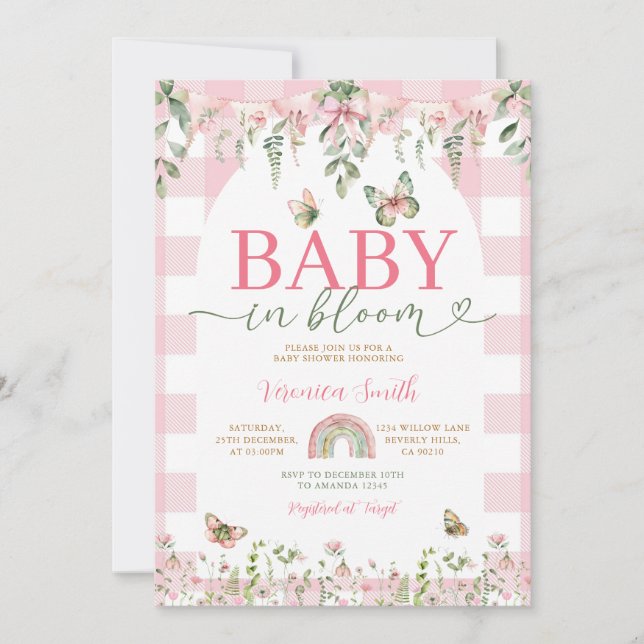 Invitación Baby in Bloom Butterfly Pink Bow Baby Shower (Anverso)
