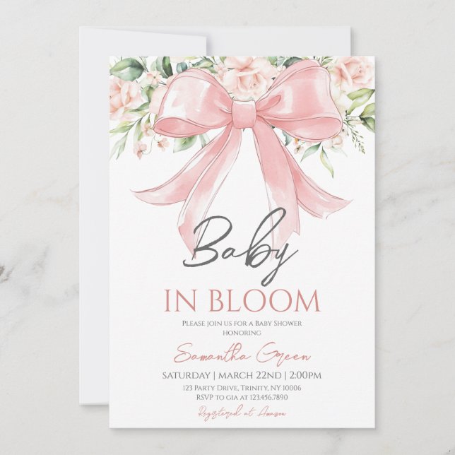 Invitación Baby in Bloom Chica Floral Ribbon Baby Shower (Anverso)