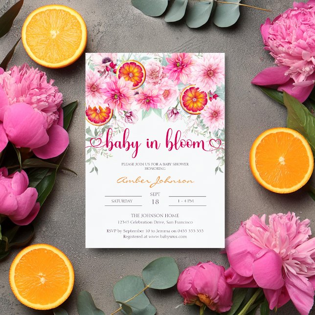 Invitación Baby in Bloom Citrus and Pink Floral Baby Shower (Baby in bloom baby shower invitation with pink flowers and slices of orange)