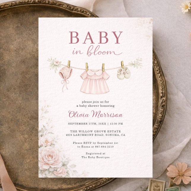 Invitación Baby in Bloom Clothesline Pink Bow Baby Shower (Subido por el creador)