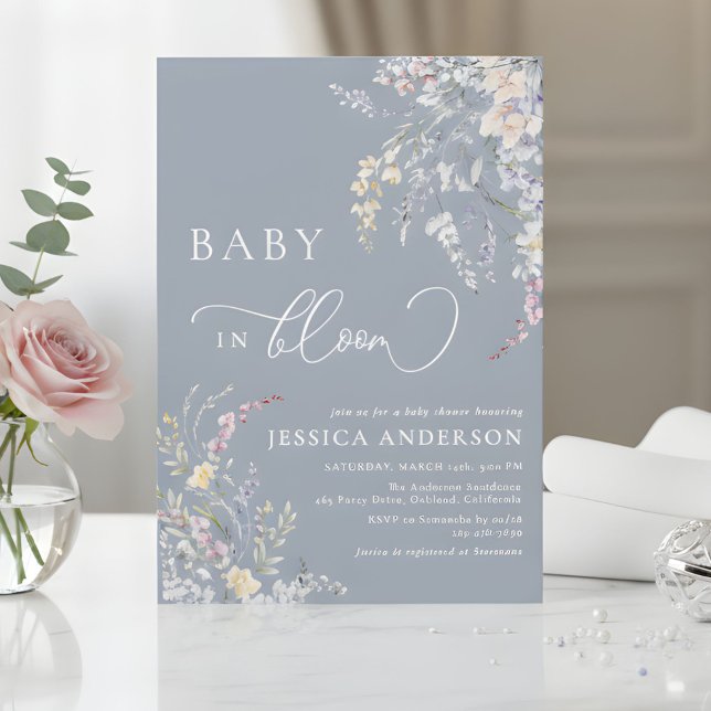 Invitación Baby In Bloom Dusty Blue Wildflower Baby Shower  (Subido por el creador)
