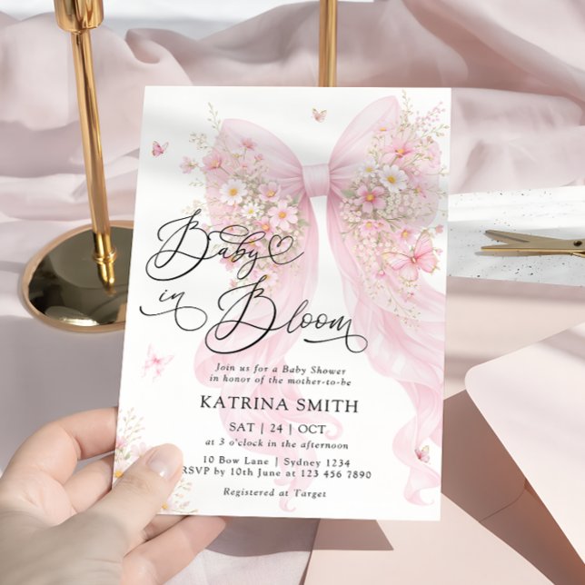 Invitación Baby in Bloom Elegant Blush Pink Bow Baby Shower (Subido por el creador)