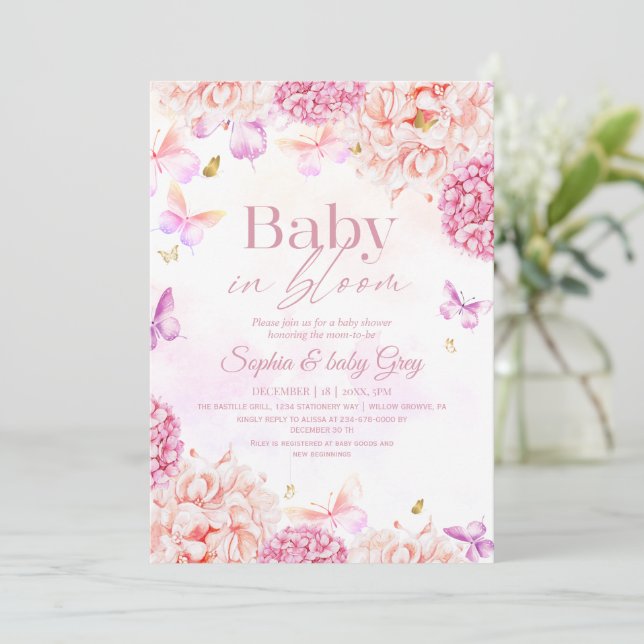 Invitación Baby in Bloom Floral Blush pink gold Baby Shower (Anverso de pie)