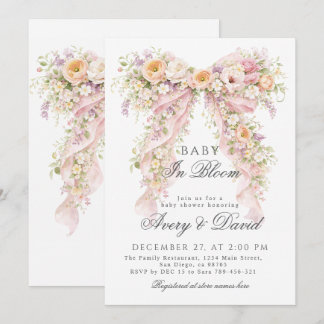 Invitación Baby in bloom Floral Bow Girl Baby Shower 