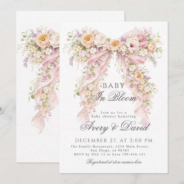 Invitación Baby in bloom Floral Bow Girl Baby Shower  (Anverso / Reverso)