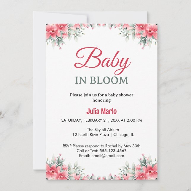 Invitación Baby in Bloom floral lilies girl baby shower (Anverso)