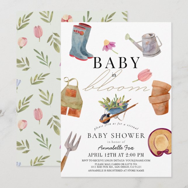 Invitación Baby in Bloom Gardening Tools Virtual Baby Shower (Anverso / Reverso)