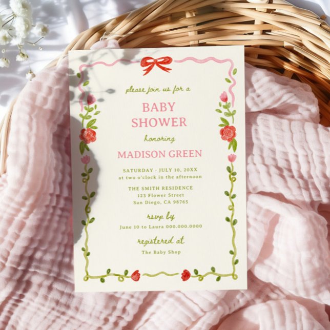 Invitación Baby In Bloom Hand Drake Floral Bow Baby Shower (Subido por el creador)