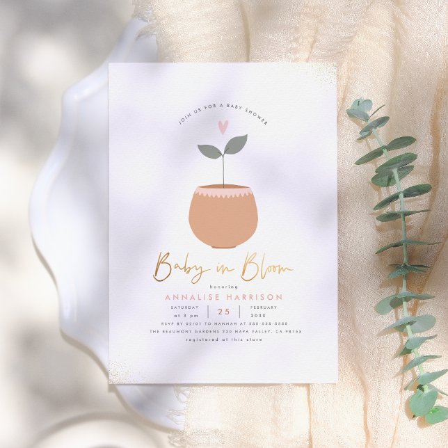 Invitación Baby In Bloom Heart Plant Pot Gold Baby Shower (Subido por el creador)