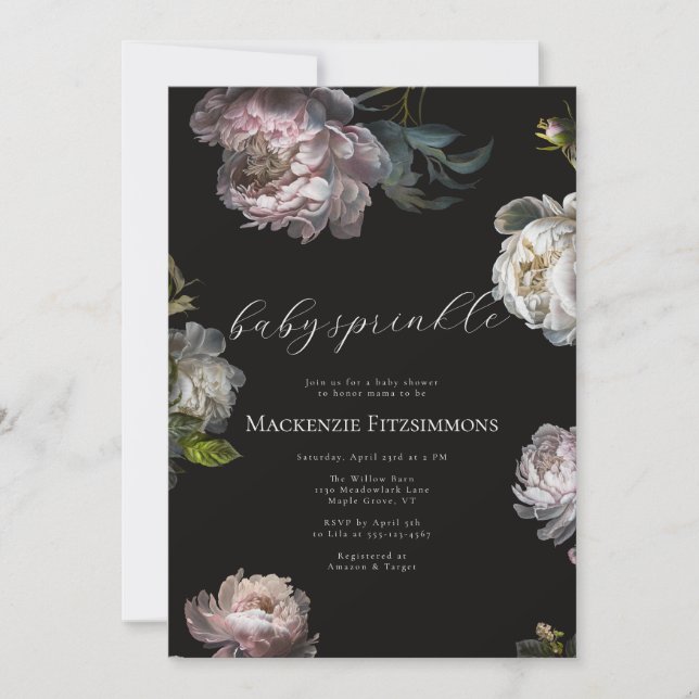 Invitación Baby in Bloom Peony Dark Floral Baby Sprinkle (Anverso)
