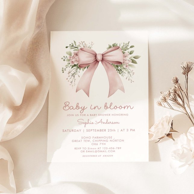 Invitación Baby In Bloom Pink Bow Baby Shower (Subido por el creador)