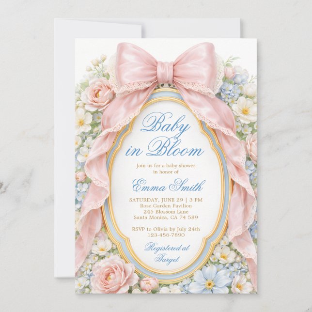 Invitación Baby in Bloom Pink Bow Floral Baby Shower (Anverso)