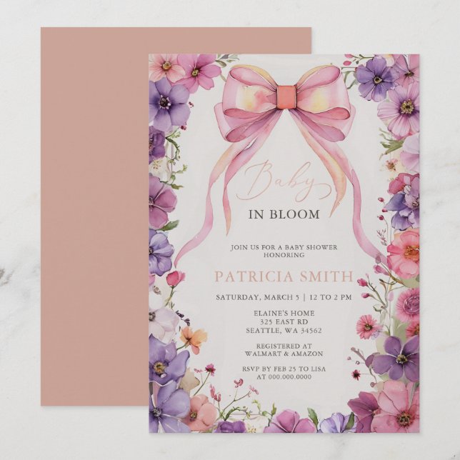 Invitación Baby in Bloom Pink Bow Wildflowers Baby Shower (Anverso / Reverso)