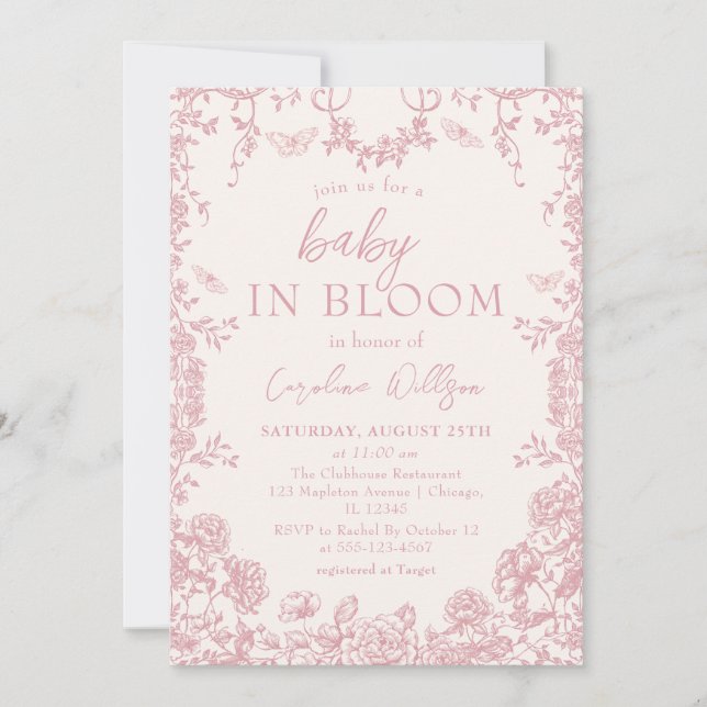 Invitación Baby In Bloom Pink Chinoiserie Baby Shower (Anverso)