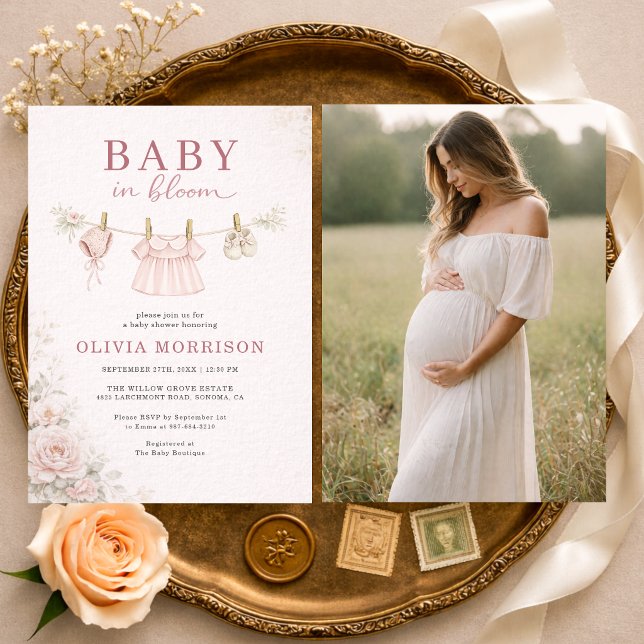Invitación Baby in Bloom Pink Clothesline Photo Baby Shower (Subido por el creador)