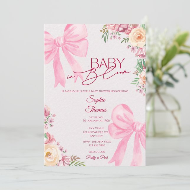 Invitación Baby in Bloom Pink Floral Baby Shower Invitation (Anverso de pie)