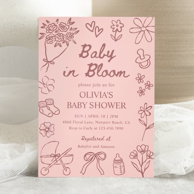 Invitación Baby in Bloom Pink Hand Drawn Girl Baby Shower (Subido por el creador)