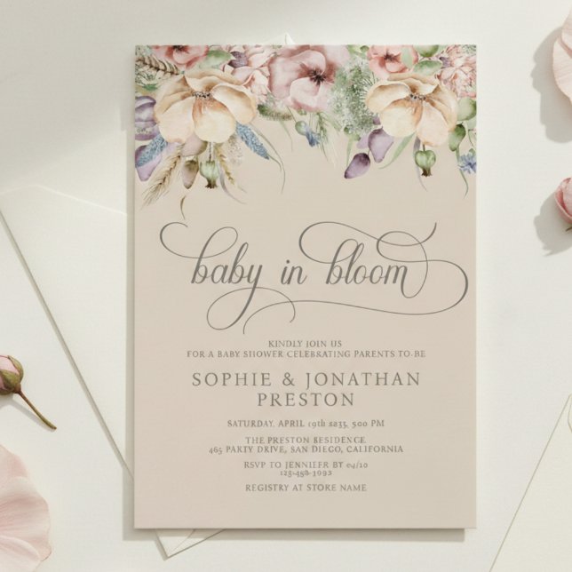 Invitación Baby In Bloom QR Beige Wildflower Baby Shower (Subido por el creador)