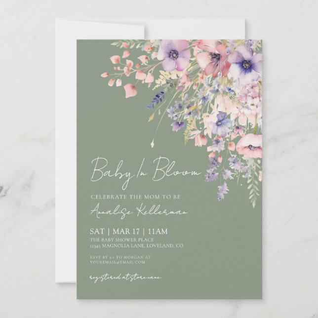 Invitación Baby In Bloom Sage Green Baby Shower (Anverso)