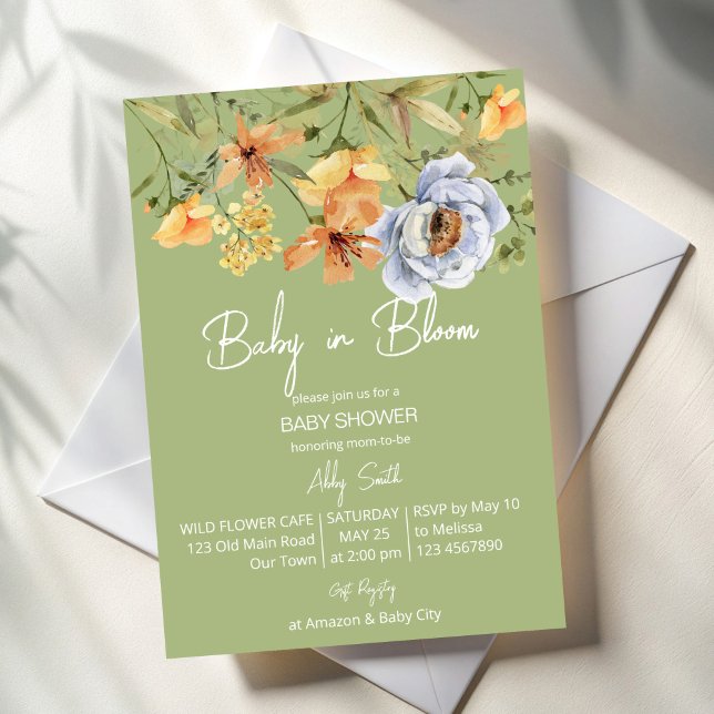 Invitación Baby in bloom sage green baby shower  (Baby in bloom sage green yellow blue wild flowers summer baby shower invitation cards template)
