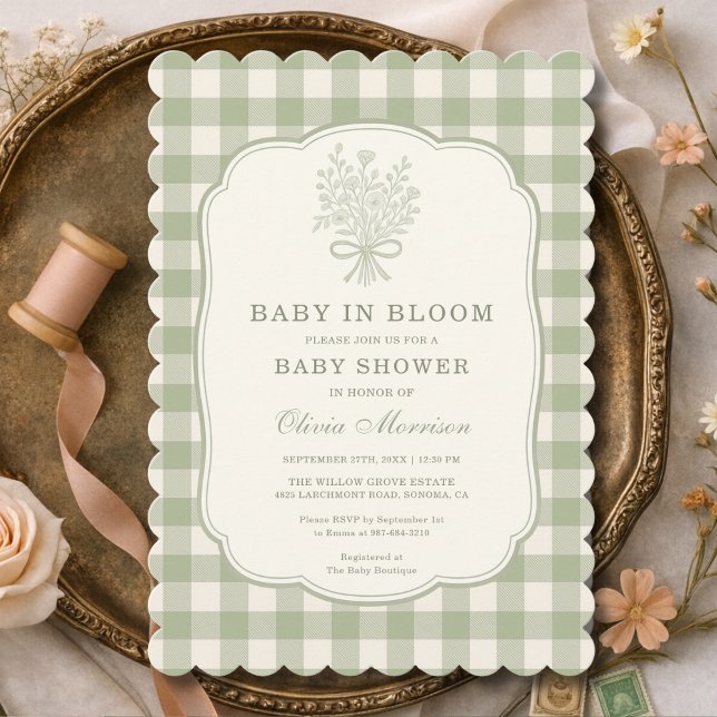 Invitación Baby in Bloom Sage Green Gingham Baby Shower (Subido por el creador)