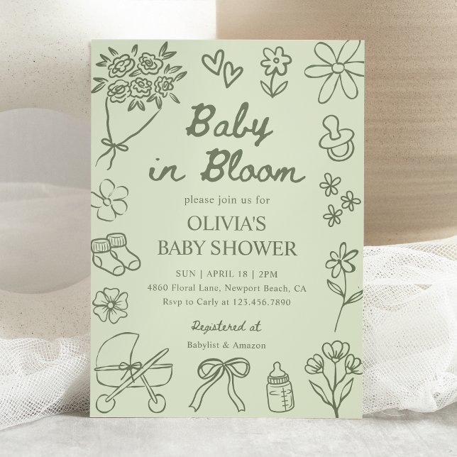 Invitación Baby in Bloom Sage Green Hand Drawn Baby Shower (Subido por el creador)