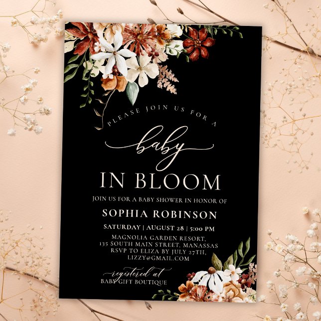 Invitación Baby in Bloom Wildflower Black Baby Shower (Subido por el creador)