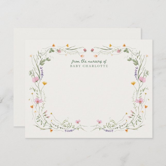 Invitación Baby in Bloom Wildflower Nursery Note Card (Anverso / Reverso)