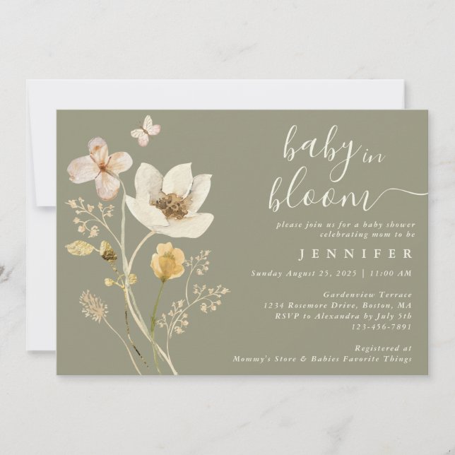 Invitación Baby In Bloom Wildflower Sage Baby Shower (Anverso)