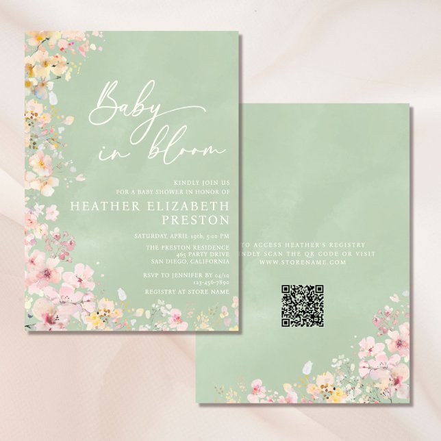 Invitación Baby In Bloom Wildflower Sage Green QR Baby Shower (Subido por el creador)