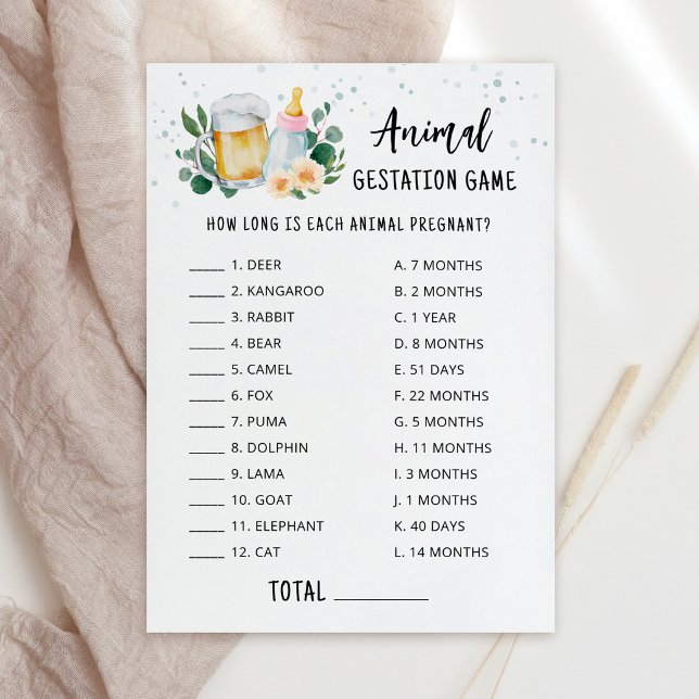 Invitación Baby Is Brewing Animal Gestation with Answers Game (Beer and Floral Baby is Brewing Baby Shower Animal Gestation Game Card)