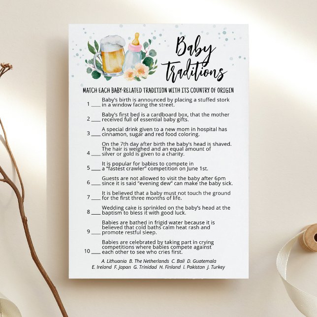 Invitación Baby Is Brewing Baby Traditions Game Pink Card (Beer and Floral Baby is Brewing Baby Shower Baby Traditions Game Card)