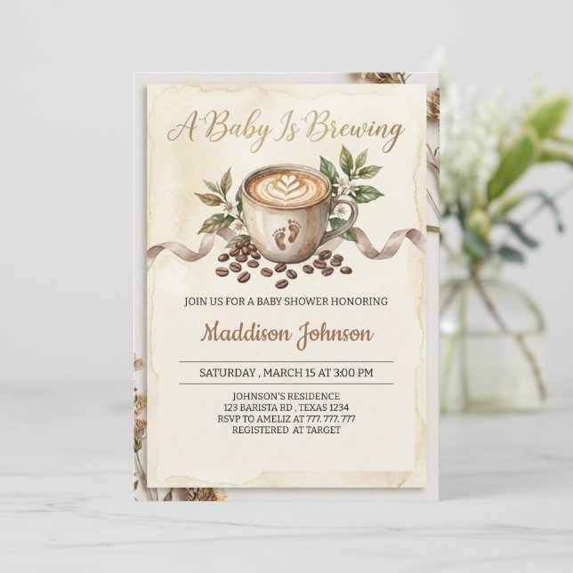Invitación Baby is Brewing Coffee Baby Shower  (Anverso de pie)