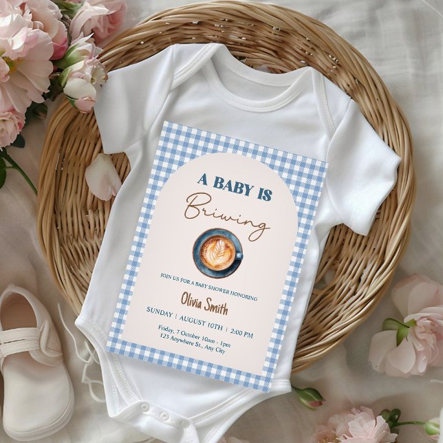 Invitación Baby is Brewing Coffee Baby Shower Blue Gingham  (Subido por el creador)
