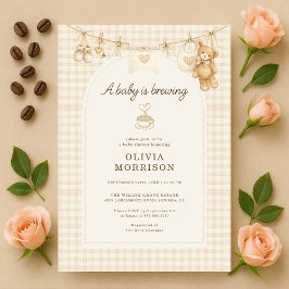Invitación Baby is Brewing Coffee Gingham Baby Shower