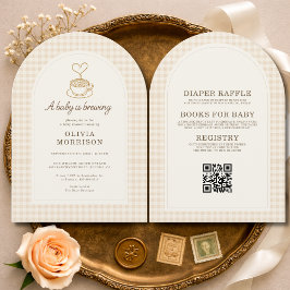 Invitación Baby is Brewing Coffee QR Code Baby Shower