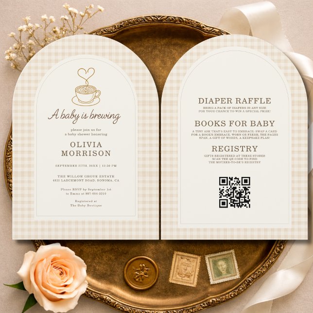 Invitación Baby is Brewing Coffee QR Code Baby Shower (Subido por el creador)