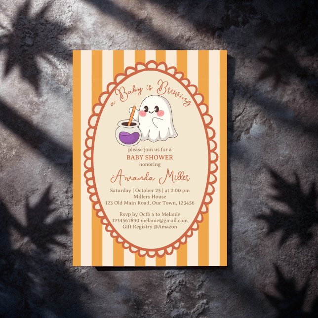Invitación Baby is brewing cute ghost Halloween baby shower (Baby is brewing cute ghost retro stripes Halloween baby shower Invitation cards template)