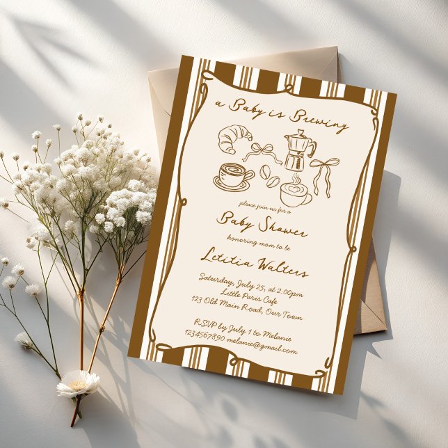 Invitación Baby is brewing retro stripes coffee baby shower (Baby is brewing retro brown stripes coffee baby shower invitation cards template hand drawn coffee)