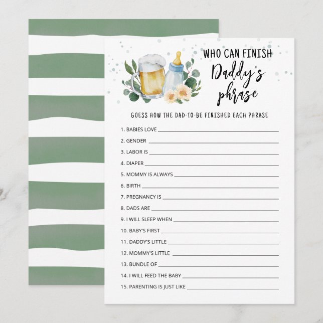 Invitación Baby Is Brewing Who can finish Daddy's phrase card (Anverso / Reverso)