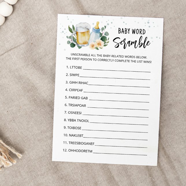 Invitación  Baby Is Brewing Word Scramble Baby Shower Card (Beer Sage Green Baby Shower Baby Word Scramle Game)