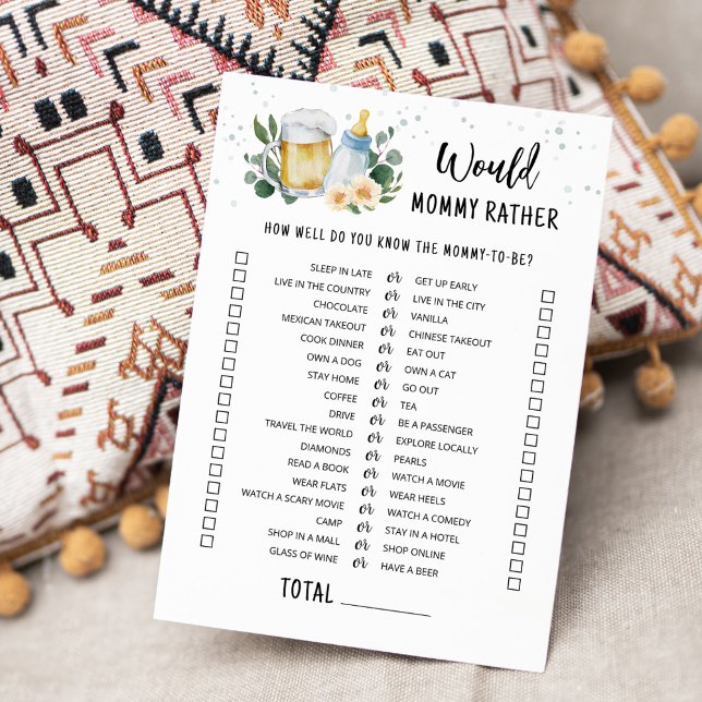 Invitación Baby Is Brewing Would Mommy Rather Game Card (Beer Sage Green Baby Shower Would Mommy Rather Game)